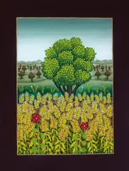 Josip Generalić, Baumlandschaft mit Weizenfeld, 1988, Reverse glass paining. Oil on glass