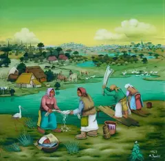 Flusslandschaft mit Wäscherinnen by Mijo Kovačić, 1969, Reverse glass painting. Oil on glass, offered Nov 2015