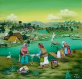 Mijo Kovačić, Flusslandschaft mit Wäscherinnen, 1969, Reverse glass painting. Oil on glass