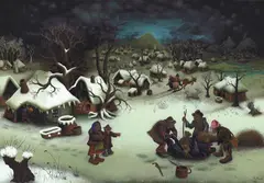 Mijo Kovačić, Winterliche Dorfszene mit erlegtem Wildschwein, 1963, Reverse glass painting. Oil on glass