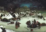 Mijo Kovačić, Winterliche Dorfszene mit erlegtem Wildschwein, 1963, Reverse glass painting. Oil on glass