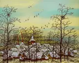 Ivan Lakovic, Winterliche Dorflandschaft mit Bäumen, 1970er Jahre, Reverse glass painting. Oil on glass