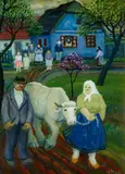 Mraz, Bauernpaar mit weissem Rind, Reverse glass painting. Oil on glass