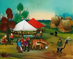 Ivan Večenaj, Dörfliche Kirmes, 1973, Reverse glass painting. Oil on glass