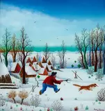 Stjepan Vecenaj, Bäuerliche Fuchsjagd, 1975, Reverse glass painting. Oil on glass