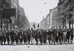 Demonstration gegen den Vietnamkrieg, Kaiserstraße, Frankfurt/M. (Demonstration against the Vietnam War, Kaiserstrasse, Frankfurt a. M.) by Barbara Klemm, 1970, Gelatin silver print, printed c., sold Nov 2015
