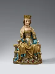 Ostdeutsch circa 1380 & 1390, An East German carved limewood figure of the Virgin Enthroned, circa 1380/1390., Carved three-quarters in the round, the reverse flattened, deeply hollowed out and set with a horizontal peg. Original polychromy with gilding, silvering and embossed decor. A beautiful depiction of the Virgin seated on a moulded, cushioned throne designed for a frontal and slightly lowered viewpoint. The separately worked figure of the Child which She would originally have held in Her lap has not survived. The Virgin wears a plain, girdled silver dress lined with red and a gold cloak lined with blue. The rich play of the cloak's drapery, accentuated by the exquisitely preserved original polychromy, largely defines the composition of the work. According the previous owner, the sculpture originates from St. Nikolai's Church in Elbing near Danzig. The child's forearm lost. With minimal wear