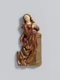 A South German carved limewood figure of the Virgin of the Annunciation, circa 1610/1620. by South German circa 1610 & 1620, The reverse flattened, with the original polychromy and gilding.. The composition of this relief depiction of the Madonn, offered Nov 2015