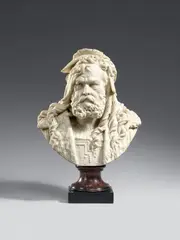 Albert-Ernest Carrier-Belleuse, A white Carrara marble portrait bust of Albrecht Dürer., Carved in the round.. This idealised bust of Albrecht Dürer was made as part of a series of portraits of famous artists which Carrier-Belleuse carried out in various materials between 1860 and 1874. This portrait shows the legendary German artist not in the traditional, Christ-like manner but instead as an aged but vigorous character with the pathos of a true Renaissance man. Signed "A. CARRIER" to the reverse. In perfect condition. Mounted on a two-piece marble socle