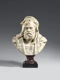 Albert-Ernest Carrier-Belleuse, A white Carrara marble portrait bust of Albrecht Dürer., Carved in the round.. This idealised bust of Albrecht Dürer was made as part of a series of portraits of famous artists which Carrier-Belleuse carried out in various materials between 1860 and 1874. This portrait shows the legendary German artist not in the traditional, Christ-like manner but instead as an aged but vigorous character with the pathos of a true Renaissance man. Signed "A. CARRIER" to the reverse. In perfect condition. Mounted on a two-piece marble socle