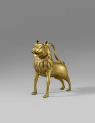 North German 13th century, A 13th century North German aquamanile formed as a lion., Cast bronze with engraved, embossed and gilt decor. This fine aquamanile was formerly part of the collection of Bourgeois Frères in Cologne. It can be identified in a photograph in the catalogue accompanying the auction of this sale in 1904, and was dated to the 14th century by the catalogue editor Otto von Falke. The authenticity of this medieval work was confirmed via material analysis in 1998, although the lid in the lion’s head appears to have been replaced in the 19th century. In Falke’s seminal work on medieval vessels (Falke/Meyer 1935, op. cit.) he compares the piece to an aquamanile in the Metropolitan Museum in New York, describing both as “North German 13th century”. However, the whereabouts of this piece from the Bourgeois Frères collection was apparently unknown to him at the time of writing, and he confused the piece with a very similar vessel in the Historisches Museum in Lund (inv. no 20675) which had entered the museum from ecclesiastical ownership in 1919 and which Falke only knew from an illustration (in Rydbeck 1921 With minimal wear