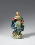 Italy 18th century, An 18th century Italian terracotta figure of the Virgin Immaculata, Worked in the round, with the original polychromy.. A figure of the Virgin depicted standing on the crescent moon floating above clouds with the vanquished serpent at Her feet. Her gown is richly decorated with flowers and stars. The authenticity of the sculpture and its polychrome decor was certified in writing by Anton Legner of the Museum Schnütgen in Cologne in 1982. The little finger of the right hand lost. Minimal wear