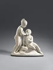 Rinaldo Rinaldi, A marble group of two children., Carved in the round.. A figure of a nude boy reclining on a rock being washed by a girl standing by his side dressed in a cloth. The group is signed "R Rinaldi F" to the back of the earth mound base. Rinaldo Rinaldi visited the academy in Rome and became the favourite pupil of Antonio Canova, inheriting his workshop following the master's death in 1822 and continuing his Neoclassical style. With minimal wear and localised soiling, mounted on a dark marble plint