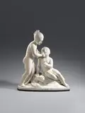 Rinaldo Rinaldi, A marble group of two children., Carved in the round.. A figure of a nude boy reclining on a rock being washed by a girl standing by his side dressed in a cloth. The group is signed "R Rinaldi F" to the back of the earth mound base. Rinaldo Rinaldi visited the academy in Rome and became the favourite pupil of Antonio Canova, inheriting his workshop following the master's death in 1822 and continuing his Neoclassical style. With minimal wear and localised soiling, mounted on a dark marble plint