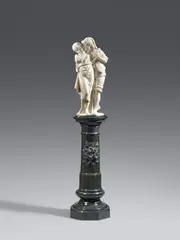 Italy 1888, An Italian marble sculpture of a young couple, 1888., Carved in the round, resting on a three-part Italian serpentine pedestal.. The plinth inscribed and dated "Firenze 1888", the signature possibly legible as "C. Lafrini". The front edge of the plinth lost, minor losses to the plinth, a filled crack to the top surface. Height of sculpture