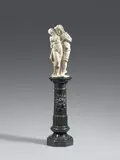 Italy 1888, An Italian marble sculpture of a young couple, 1888., Carved in the round, resting on a three-part Italian serpentine pedestal.. The plinth inscribed and dated "Firenze 1888", the signature possibly legible as "C. Lafrini". The front edge of the plinth lost, minor losses to the plinth, a filled crack to the top surface. Height of sculpture
