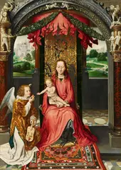 follower of Hans Memling, The Virgin and Child with a Musical Angel, Oil on panel (parquetted)