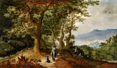 attributed to Gillis van Coninxloo, Wooded Landscape with Hunters, Oil on panel