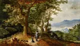 attributed to Gillis van Coninxloo, Wooded Landscape with Hunters, Oil on panel