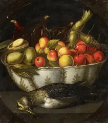 attributed to Francesco Codino, Still Life with Fruit, Nuts, and a Throttle, Oil on panel