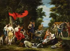 studio of Jan Brueghel the Younger Peter Paul Rubens, Diana and her Retinue after the Hunt, Oil on canvas (relined)
