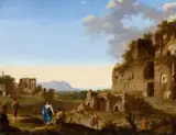Cornelis van Poelenburgh, Roman Landscape with Ruins and Travellers, Oil on panel