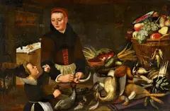 Floris van Schooten, Kitchen Still Life with a Mother and Child, Oil on panel (parquetted)