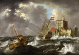 Bonaventura Peeters, Dutch Sailing Ships in Stormy Seas, Oil on canvas (relined)