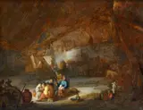 Thomas Wijck, Rustic Interior with Drinking Peasants, Oil on panel (parquetted)