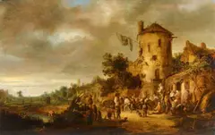 Isaac van Ostade, Village Fair with Dancing Peasants and a Bagpipe Player, Oil on panel (parquetted)