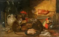 Abraham Teniers, Monkeys as Merry Company, Oil on copper