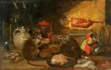 Abraham Teniers, Monkeys as Merry Company, Oil on copper