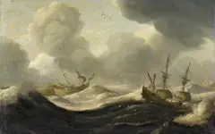 Claes Claesz. Wou, Sailing Ships on Stormy Waters, Oil on panel