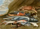 attributed to Jan van Kessel the Elder, Still Life with Fish, a Crab and a Cat, Oil on copper, mounted on panel