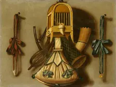 Johannes Leemans, Trompe l'oeil with a Bird Cage and Hunting Equipment, Oil on panel (parquetted)