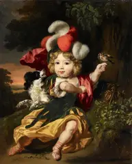 Portrait of a Boy with a Dog and a Bird by Nicolaes Maes, Oil on canvas (relined), sold Nov 2015