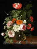 Isaak Denies, Flower Still Life with a Snail and Dragonfly, Oil on canvas (relined)