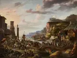 Anton Goubau, A View of a Southern Harbour with a Market Scene, Oil on canvas (relined)