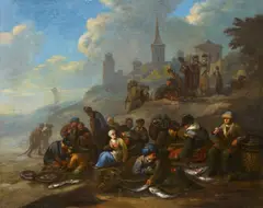 Bernardus van Schijndel, Fish Market on a Beach, Oil on canvas (relined)
