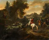 Jan Wyck, Stag Hunt in a Wooded Landscape, Oil on canvas (relined)