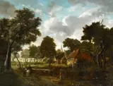 Meindert Hobbema, Watermill and Village in a Wooded Landscape, Oil on canvas (relined)