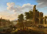 Jacob de Heusch, A Fanciful View of Tevere with the Ripa Grande, Oil on canvas