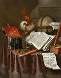 Edwaert Collier, Vanitas Still Life with Books, a Globe, Nautilus Chalice and Flutes, Oil on canvas (relined)