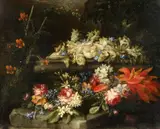 called Vicenzino Giuseppe Volo, Still Life with Pumpkin Flowers, Nasturtiums, Roses, Orange Blossom and other Flowers, Oil on canvas (relined)