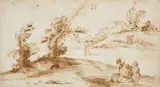 Bolognese School 17th century, Landscape with Trees, a Farm and Figures, Brown ink and was
