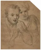 French School 17th century, Studies of Two Male Heads, Charcoal on tinted laid paper