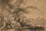 Jean-Baptiste Huet, Landscape with Shepherds, Grey ink and was
