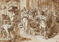 Felice Giani, Christ Driving the Money Changers from the Temple, Brown ink and wash over pencil