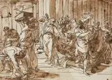 Felice Giani, Christ Driving the Money Changers from the Temple, Brown ink and wash over pencil