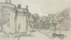 Sanssouci viewed from the West Sanssouci, the Orangery by Edward Harrison Compton, Pencil and watercolour. Each, offered Nov 2015